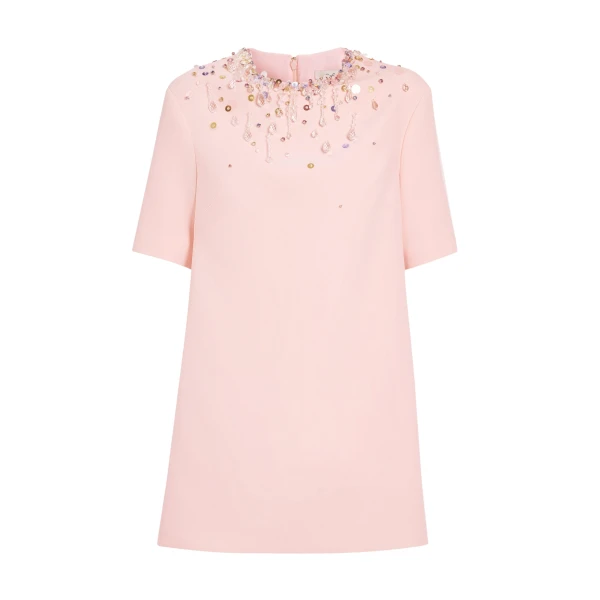 Safiyaa Ripley Short Dress in Pale Pink with Multi-pastels Embellishment - Safiyaa Dresses - Heavy Crepe Cape Gown - Shop at Luxury Shoes 