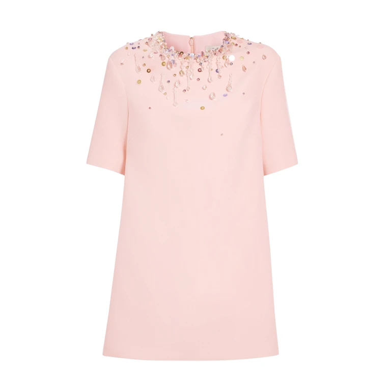 Safiyaa Ripley Short Dress in Pale Pink with Multi-pastels Embellishment - Safiyaa Dresses - Heavy Crepe Cape Gown - Shop at Luxury Shoes 