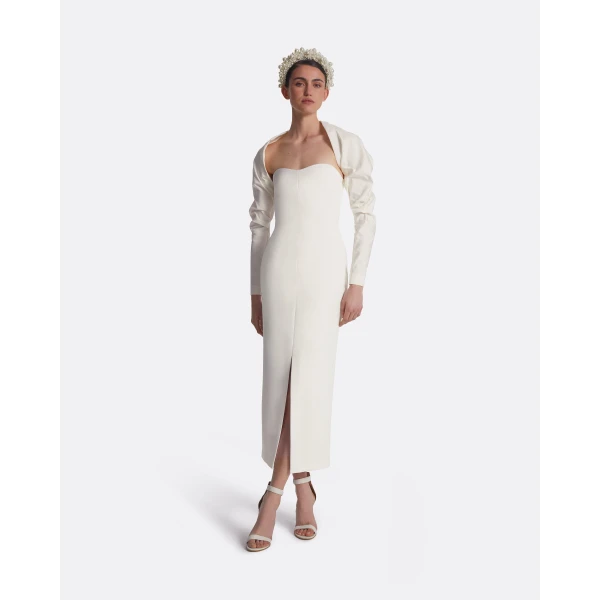 Safiyaa Romane Ivory Midi Dress - Safiyaa Dresses - Heavy Crepe Cape Gown - Shop at Luxury Shoes 