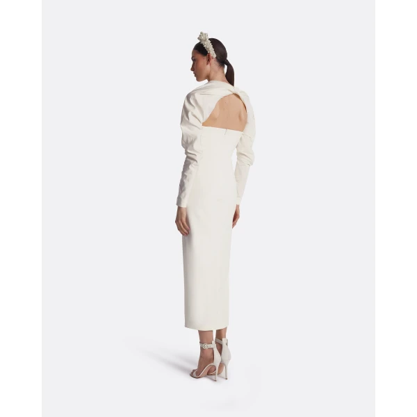 Safiyaa Romane Ivory Midi Dress - Safiyaa Dresses - Heavy Crepe Cape Gown - Shop at Luxury Shoes 