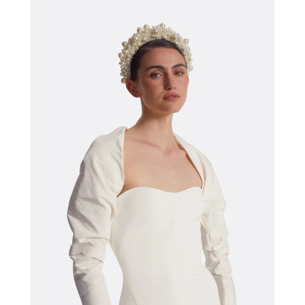 Safiyaa Romane Ivory Midi Dress - Safiyaa Dresses - Heavy Crepe Cape Gown - Shop at Luxury Shoes 