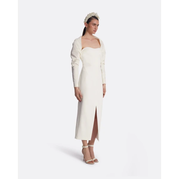 Safiyaa Romane Ivory Midi Dress - Safiyaa Dresses - Heavy Crepe Cape Gown - Shop at Luxury Shoes 