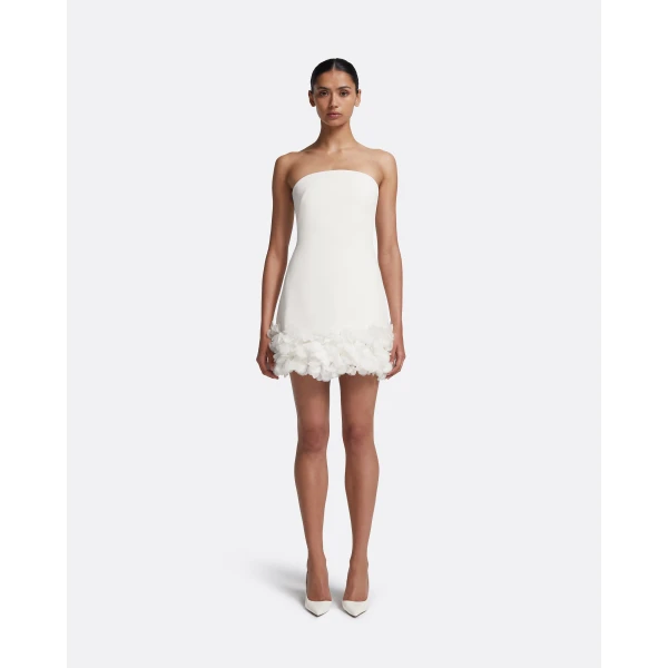 Safiyaa Rowan Short Dress in Ivory with Ivory Appliqué - Safiyaa Dresses - Heavy Crepe Cape Gown - Shop at Luxury Shoes 