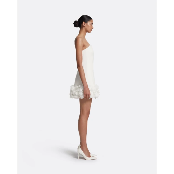 Safiyaa Rowan Short Dress in Ivory with Ivory Appliqué - Safiyaa Dresses - Heavy Crepe Cape Gown - Shop at Luxury Shoes 