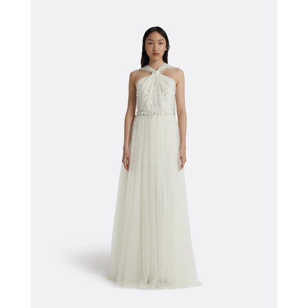 Safiyaa Tabia Ivory Long Dress - Safiyaa Dresses - Heavy Crepe Cape Gown - Shop at Luxury Shoes 