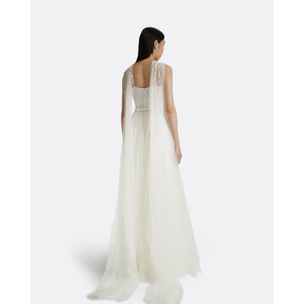 Safiyaa Tabia Ivory Long Dress - Safiyaa Dresses - Heavy Crepe Cape Gown - Shop at Luxury Shoes 