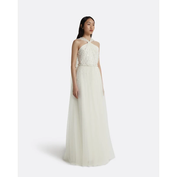 Safiyaa Tabia Ivory Long Dress - Safiyaa Dresses - Heavy Crepe Cape Gown - Shop at Luxury Shoes 