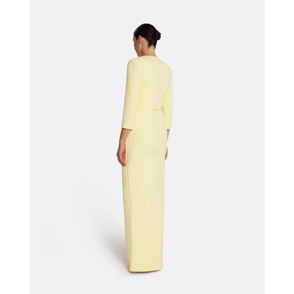 Safiyaa Tosavetta Long Dress in Pale Yellow with Gold - Safiyaa Dresses - Heavy Crepe Cape Gown - Shop at Luxury Shoes 