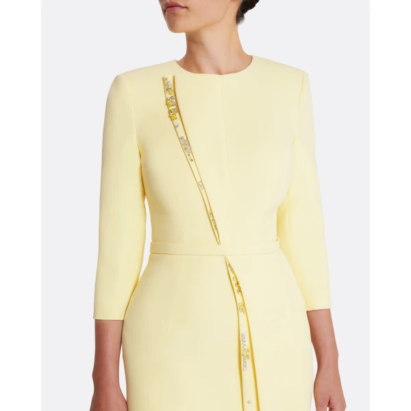 Safiyaa Tosavetta Long Dress in Pale Yellow with Gold - Safiyaa Dresses - Heavy Crepe Cape Gown - Shop at Luxury Shoes 