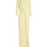 Safiyaa Tosavetta Long Dress in Pale Yellow with Gold - Safiyaa Dresses - Heavy Crepe Cape Gown - Shop at Luxury Shoes 