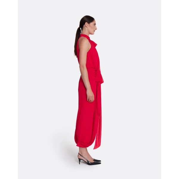 Safiyaa Valentina Midi Dress in Azalea Red - Safiyaa Dresses - Heavy Crepe Cape Gown - Shop at Luxury Shoes 