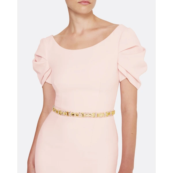 Safiyaa Vanna Long Dress in Pale Pink with Gold - Safiyaa Dresses - Heavy Crepe Cape Gown - Shop at Luxury Shoes 