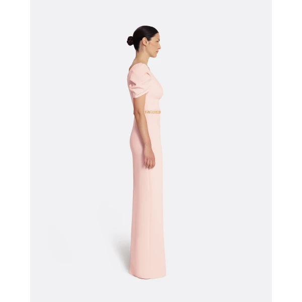 Safiyaa Vanna Long Dress in Pale Pink with Gold - Safiyaa Dresses - Heavy Crepe Cape Gown - Shop at Luxury Shoes 
