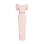Safiyaa Vanna Long Dress in Pale Pink with Gold - Safiyaa Dresses - Heavy Crepe Cape Gown - Shop at Luxury Shoes 