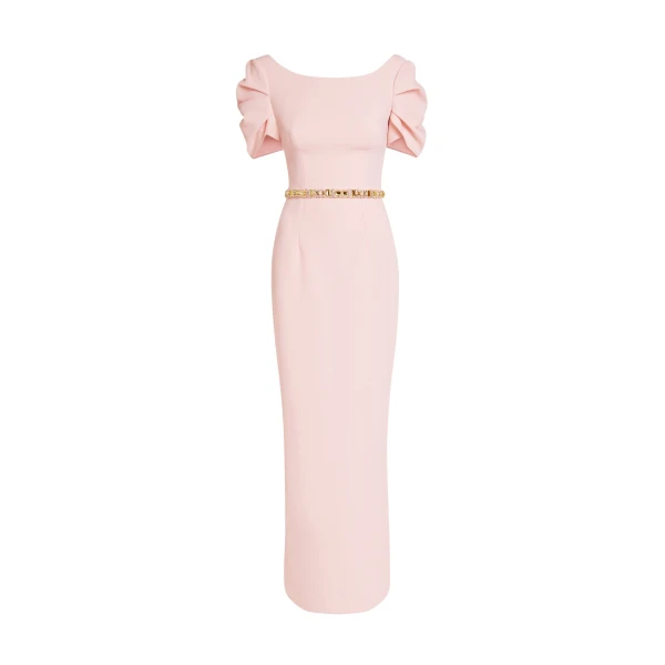 Safiyaa Vanna Long Dress in Pale Pink with Gold - Safiyaa Dresses - Heavy Crepe Cape Gown - Shop at Luxury Shoes 