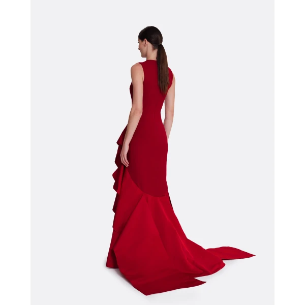 Safiyaa Viviana Long Dress in Lacquer Red on Azalea Red - Safiyaa Dresses - Heavy Crepe Cape Gown - Shop at Luxury Shoes 