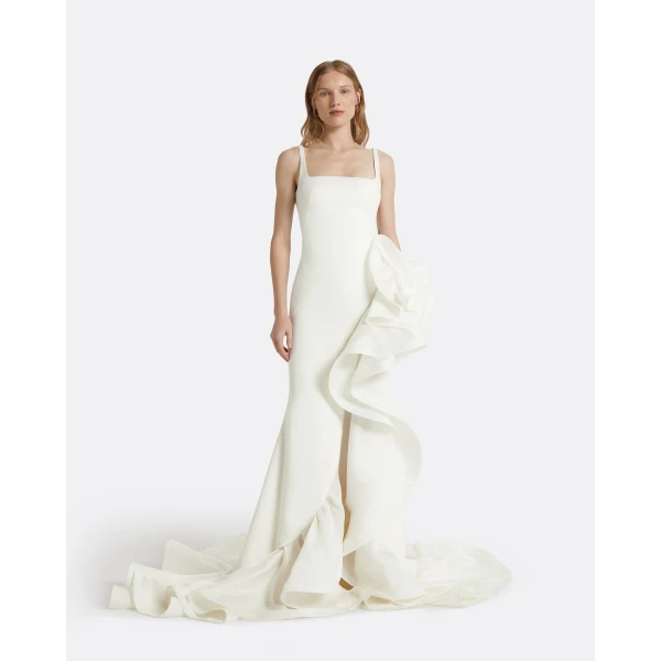 Safiyaa Yana Ivory Long Dress - Safiyaa Dresses - Heavy Crepe Cape Gown - Shop at Luxury Shoes 