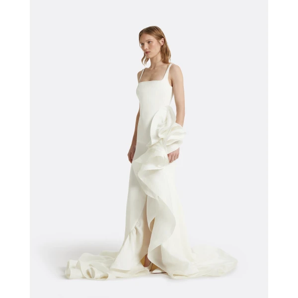 Safiyaa Yana Ivory Long Dress - Safiyaa Dresses - Heavy Crepe Cape Gown - Shop at Luxury Shoes 