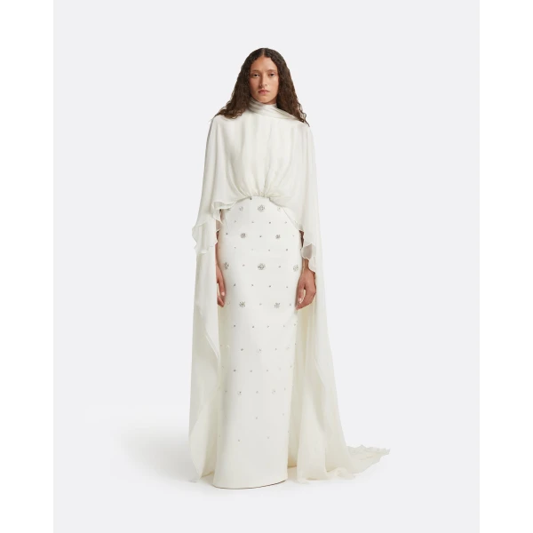 Safiyaa Yulena Ivory Long Dress - Safiyaa Dresses - Heavy Crepe Cape Gown - Shop at Luxury Shoes 