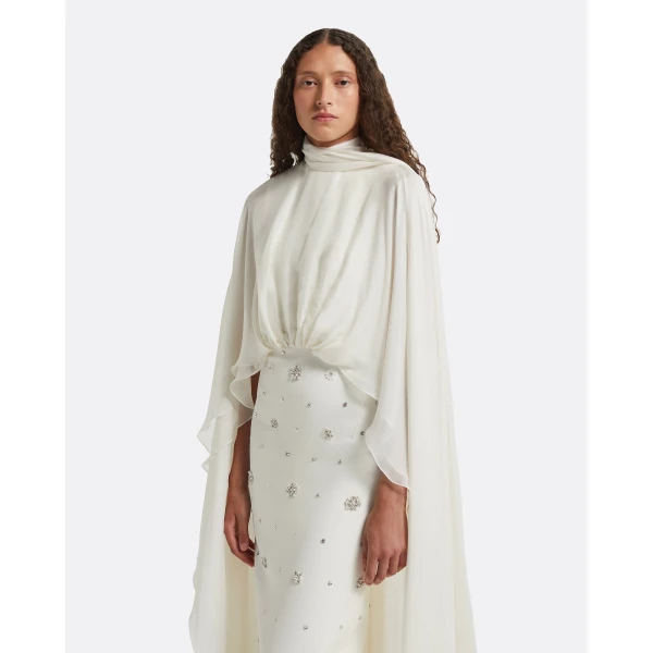 Safiyaa Yulena Ivory Long Dress - Safiyaa Dresses - Heavy Crepe Cape Gown - Shop at Luxury Shoes 