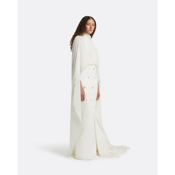 Safiyaa Yulena Ivory Long Dress - Safiyaa Dresses - Heavy Crepe Cape Gown - Shop at Luxury Shoes 