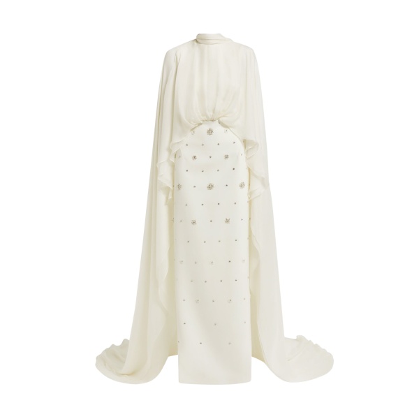 Safiyaa Yulena Ivory Long Dress - Safiyaa Dresses - Heavy Crepe Cape Gown - Shop at Luxury Shoes 