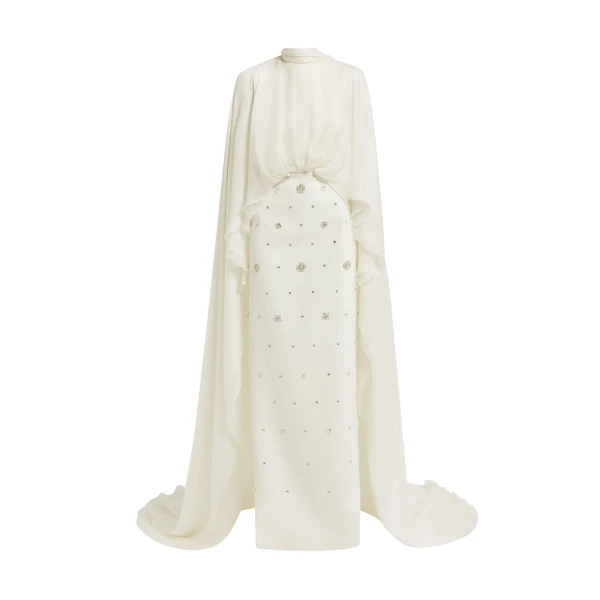 Safiyaa Yulena Ivory Long Dress - Safiyaa Dresses - Heavy Crepe Cape Gown - Shop at Luxury Shoes 