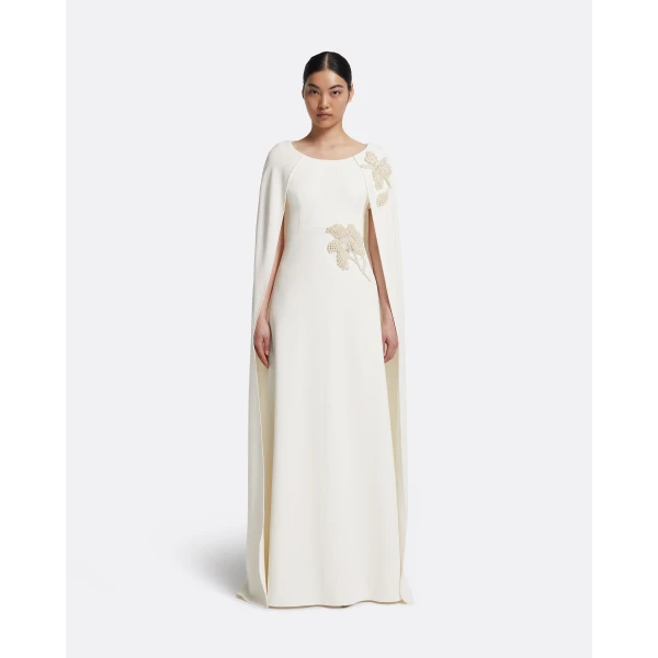 Safiyaa Yuna Long Dress in Ivory with Pearl - Safiyaa Dresses - Heavy Crepe Cape Gown - Shop at Luxury Shoes 