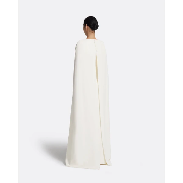 Safiyaa Yuna Long Dress in Ivory with Pearl - Safiyaa Dresses - Heavy Crepe Cape Gown - Shop at Luxury Shoes 