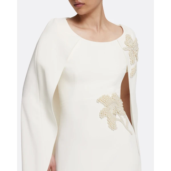 Safiyaa Yuna Long Dress in Ivory with Pearl - Safiyaa Dresses - Heavy Crepe Cape Gown - Shop at Luxury Shoes 