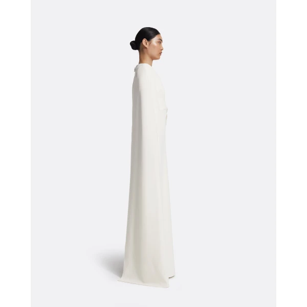 Safiyaa Yuna Long Dress in Ivory with Pearl - Safiyaa Dresses - Heavy Crepe Cape Gown - Shop at Luxury Shoes 