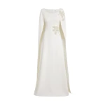 Safiyaa Yuna Long Dress in Ivory with Pearl - Safiyaa Dresses - Heavy Crepe Cape Gown - Shop at Luxury Shoes 