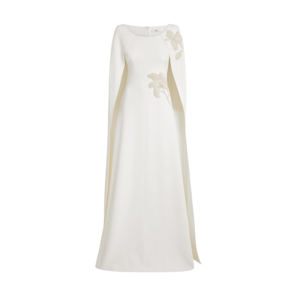 Safiyaa Yuna Long Dress in Ivory with Pearl - Safiyaa Dresses - Heavy Crepe Cape Gown - Shop at Luxury Shoes 
