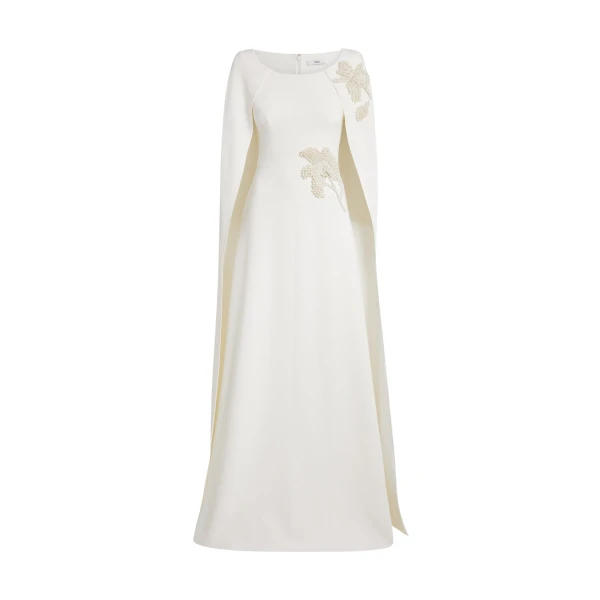 Safiyaa Yuna Long Dress in Ivory with Pearl - Safiyaa Dresses - Heavy Crepe Cape Gown - Shop at Luxury Shoes 