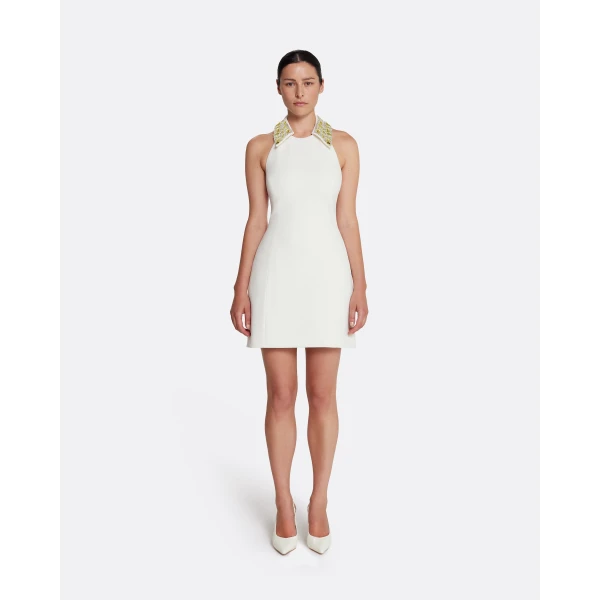 Safiyaa Zura Short Dress in Ivory with Gold Embellishment - Safiyaa Dresses - Heavy Crepe Cape Gown - Shop at Luxury Shoes 