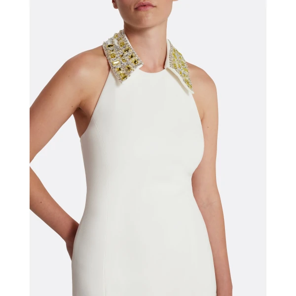 Safiyaa Zura Short Dress in Ivory with Gold Embellishment - Safiyaa Dresses - Heavy Crepe Cape Gown - Shop at Luxury Shoes 