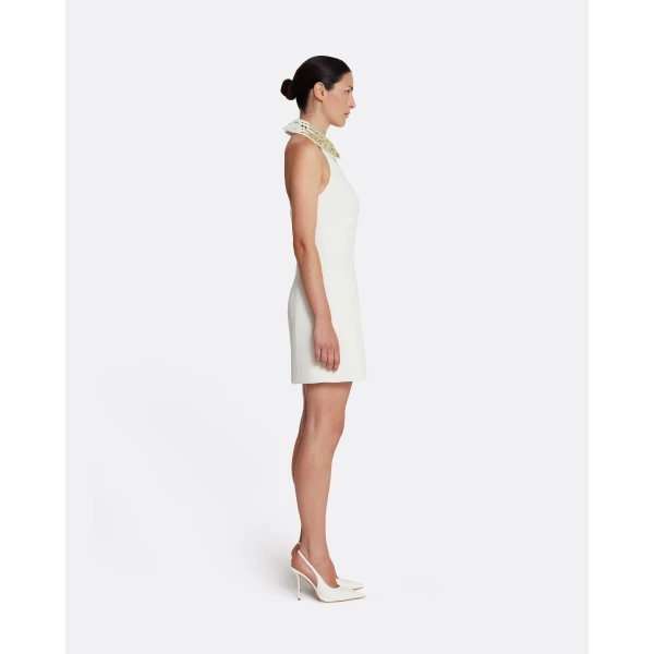 Safiyaa Zura Short Dress in Ivory with Gold Embellishment - Safiyaa Dresses - Heavy Crepe Cape Gown - Shop at Luxury Shoes 
