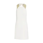 Safiyaa Zura Short Dress in Ivory with Gold Embellishment - Safiyaa Dresses - Heavy Crepe Cape Gown - Shop at Luxury Shoes 