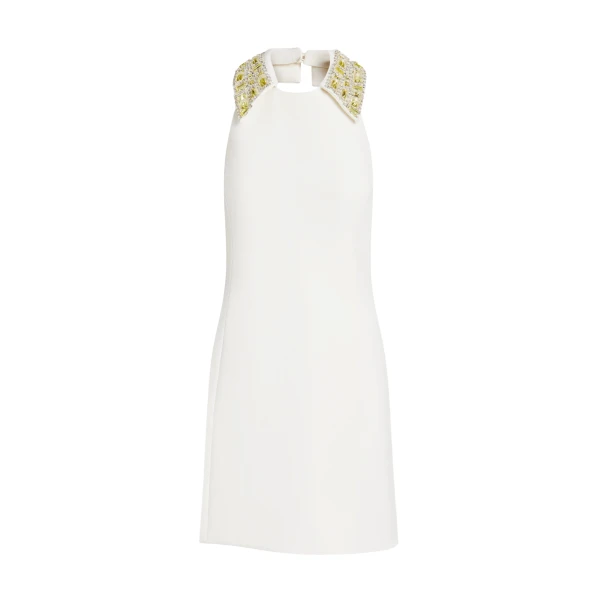 Safiyaa Zura Short Dress in Ivory with Gold Embellishment - Safiyaa Dresses - Heavy Crepe Cape Gown - Shop at Luxury Shoes 