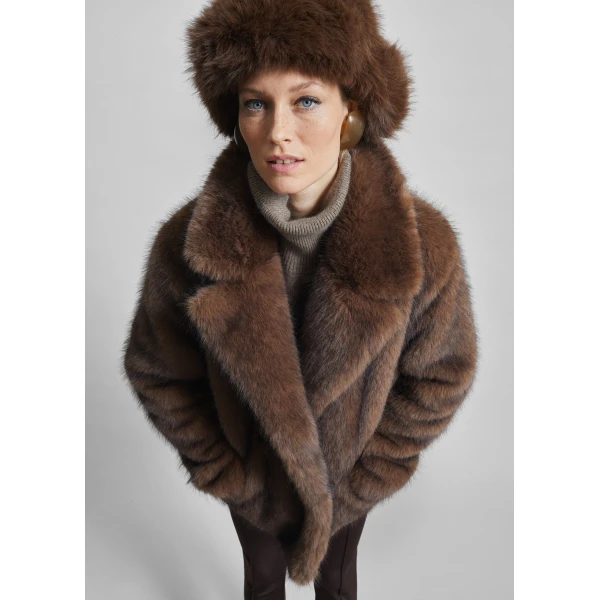 The Frankie Shop Adamello Faux Fur Short Coat - Brown - Oversized Minimalist Coats in Brown - Shop at Luxury Shoes 