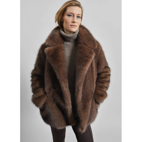 The Frankie Shop Adamello Faux Fur Short Coat - Brown - Oversized Minimalist Coats in Brown - Shop at Luxury Shoes 