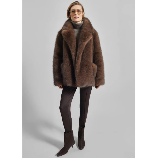 The Frankie Shop Adamello Faux Fur Short Coat - Brown - Oversized Minimalist Coats in Brown - Shop at Luxury Shoes 