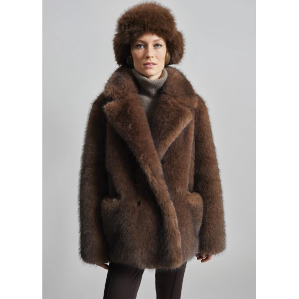 The Frankie Shop Adamello Faux Fur Short Coat - Brown - Oversized Minimalist Coats in Brown - Shop at Luxury Shoes 