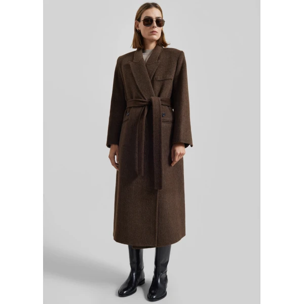 The Frankie Shop Arlene Wool Belted Coat - Brown - Oversized Minimalist Coats in Brown - Shop at Luxury Shoes 
