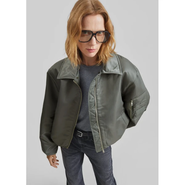 The Frankie Shop Arslev Bomber Jacket - Pale Olive - Oversized Minimalist Jackets in Green - Shop at Luxury Shoes 