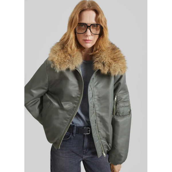 The Frankie Shop Arslev Bomber Jacket - Pale Olive - Oversized Minimalist Jackets in Green - Shop at Luxury Shoes 