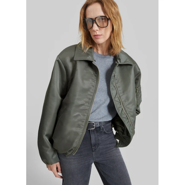 The Frankie Shop Arslev Bomber Jacket - Pale Olive - Oversized Minimalist Jackets in Green - Shop at Luxury Shoes 