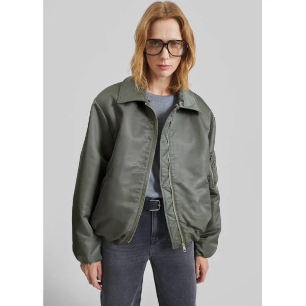 The Frankie Shop Arslev Bomber Jacket - Pale Olive - Oversized Minimalist Jackets in Green - Shop at Luxury Shoes 