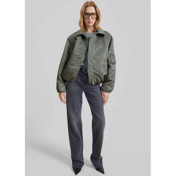 The Frankie Shop Arslev Bomber Jacket - Pale Olive - Oversized Minimalist Jackets in Green - Shop at Luxury Shoes 