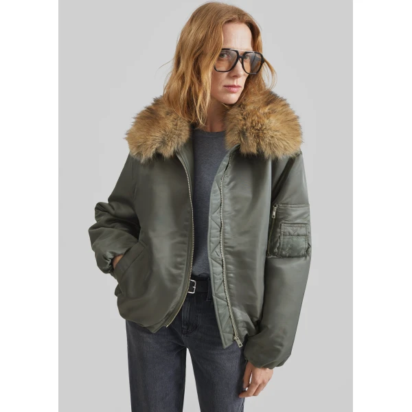 The Frankie Shop Arslev Bomber Jacket - Pale Olive - Oversized Minimalist Jackets in Green - Shop at Luxury Shoes 